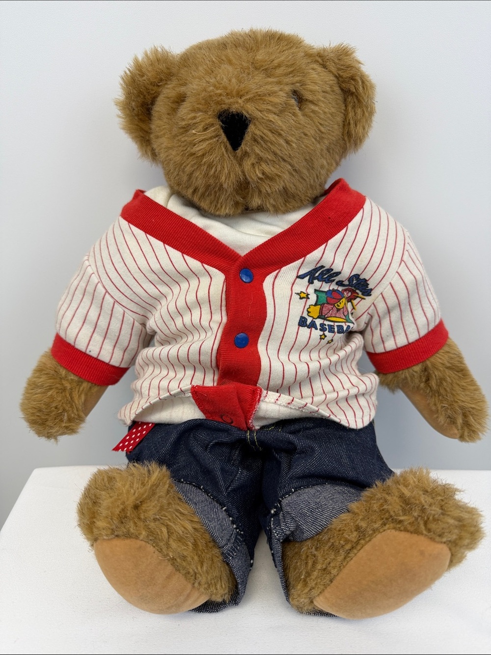 Vermont Teddy Bear Plush Baseball Bear Red Pinstripe Jersey Stuffed Animal 15"